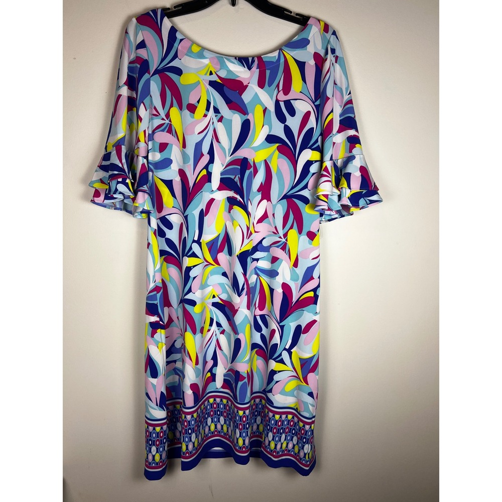 Pappagallo  Women's Sz L Multicolor Abstract‎ Print Ruffle Sleeve Sheath Dress